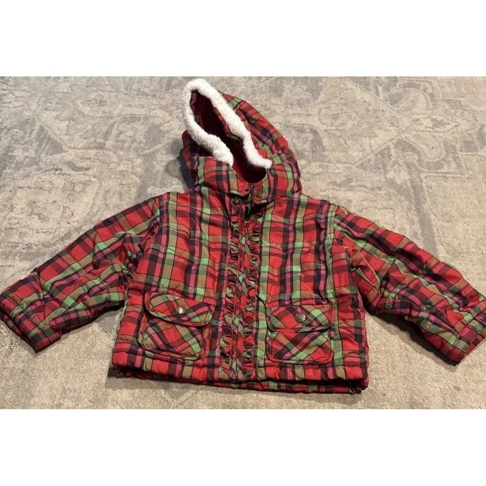BABY GAP Ruffle Front Zip Red Green Check Jacket Coat‎ W Hood Size 3 Years